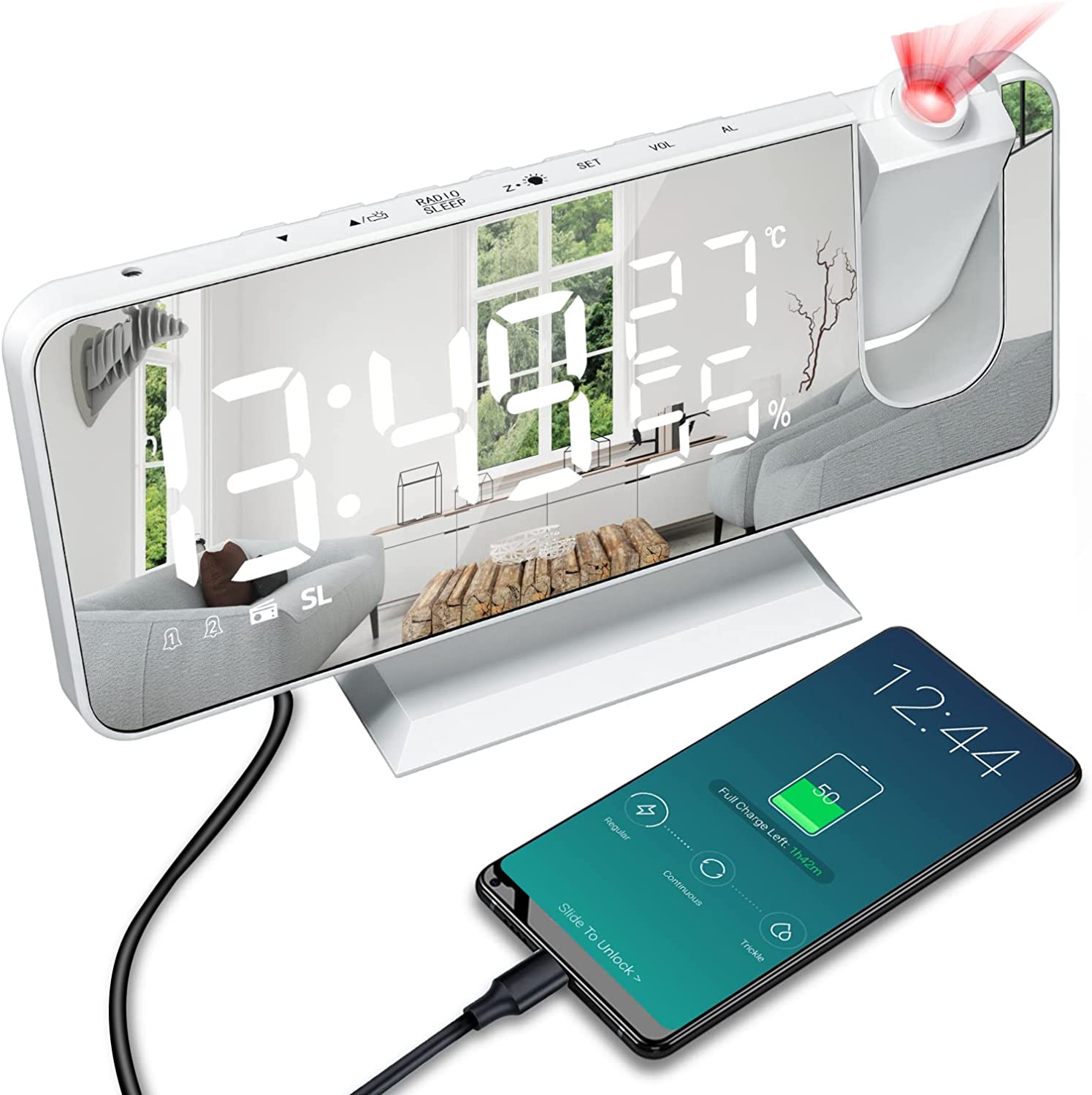 Sveglia a specchio Proiezione Orario Ampio display LED Alimentato USB o  Batteria