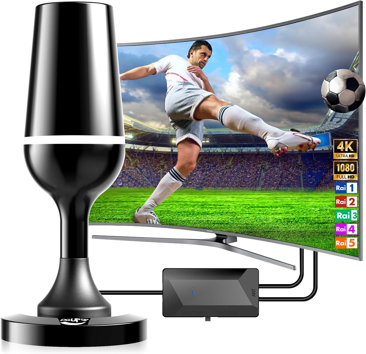 Antenna TV DGUPSP 2025 – Ricezione 360°, Amplificatore Regolabile, Base Magnetica, Supporta 4K E DVB-T/T2, Per Tutte Le TV